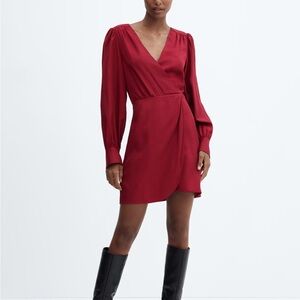 Mango puffed sleeves Deep Red short Dress